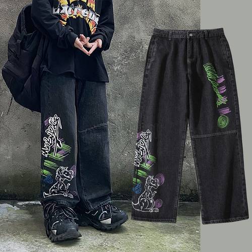 Men&39s cartoon graphic jeans graffiti denim trousers streetwear hip hop women vintage oversized casual pants high street rock