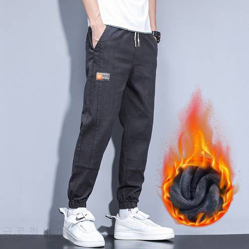 Winter New Men&39S Plus Velvet Thick Elastic Jeans Fashion All-Match Loose Casual Trousers Male Fleece Warm Small Feet Brand Pants