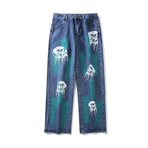 Hole Ripped Skull Print Travis Scott Straight Men Hip Hop Jeans Trousers Retro Washed Women Denim Pants Gothic Clothes For Teens