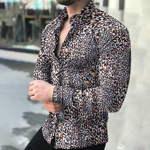 Fashion Men&39s Shirts Casual Leopard Printed Long Sleeve Turn-down Collar Button Slim Fit Button Tops Blouse Camisa Masculinag3
