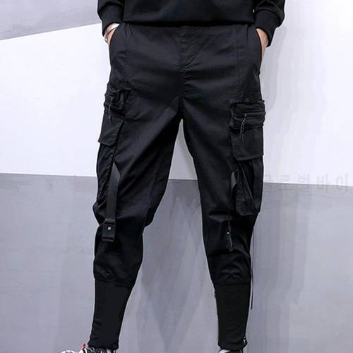 Streetwear Ribbons Pockets Harem Men Pants Solid Color Loose Dark Style Ankle Banded Cargo Slim Hip Hop Black Men Pencil Pants