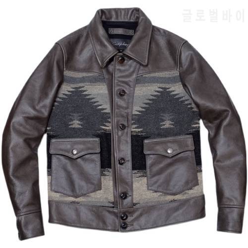 YRFree shipping.Men US vintage gray genuine leather Splicing jacket.Wholesales popular Batik cowhide coat.cheap.casual