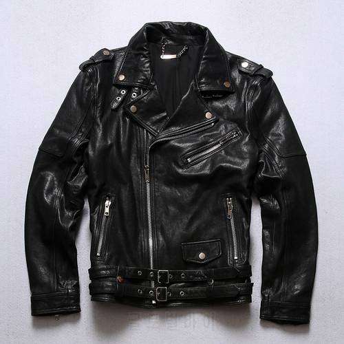 Free shipping.wholesales.men cool tanned sheepskin jacket.fashion biker quality real leather coat.black slim popular leather