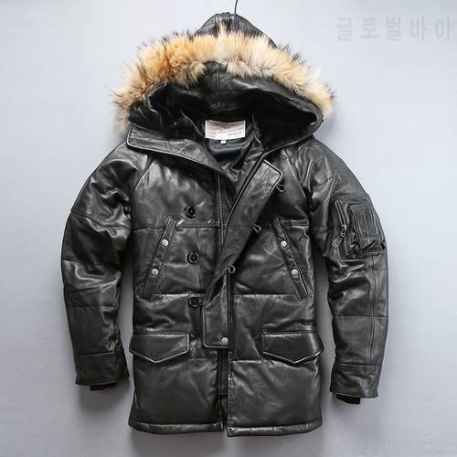 AVFLY 2019 New Men Black EU Size Long Sheepskin Leather Down Jacket Men Winter Thick Warm Russian Leather Down Coats