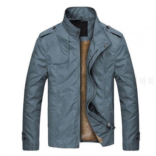 Solid Color Two Pockets Men Coat Warm Plush Lining Stand Collar Jacket for Autumn Winter