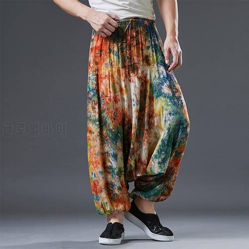 2803 Summer Vintage Cross-pants Men Elastic Waisted Cotton Linen Trousers Loose Tie Dyed Printed Baggy Pants Men Thin Joggers
