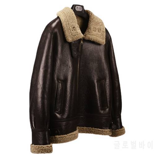 Mens Winter Real Fur Casual Jackets Sheepskin Leather Coat Men Lamb Fur Short Flight Jacket 5XL