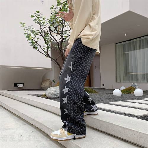 Japan Style Star Print Patchwork Denim Pants Autumn New Male Hip Hop Straight Loose Jeans Streetwear Baggy Ankle-banded Pants