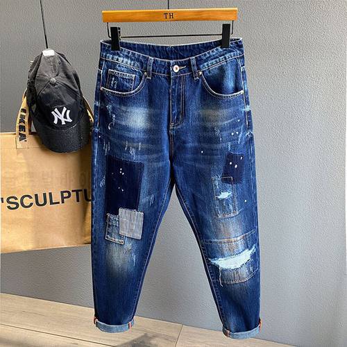 Spring Summer New Men Patchwork Jeans Ripped Hole Slim Fashion Streetwear High-quality Washed Vintage Male Denim Trousers