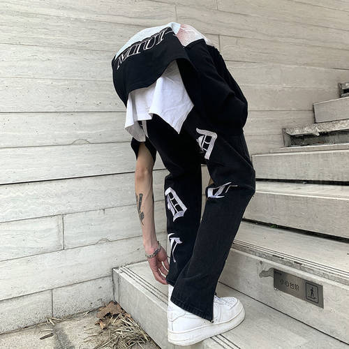 GODLIKEU Letter Embroidered Jeans Men&39s Streetwear Loose Straight Side Zipper Trousers Gothic Retro Pants Black