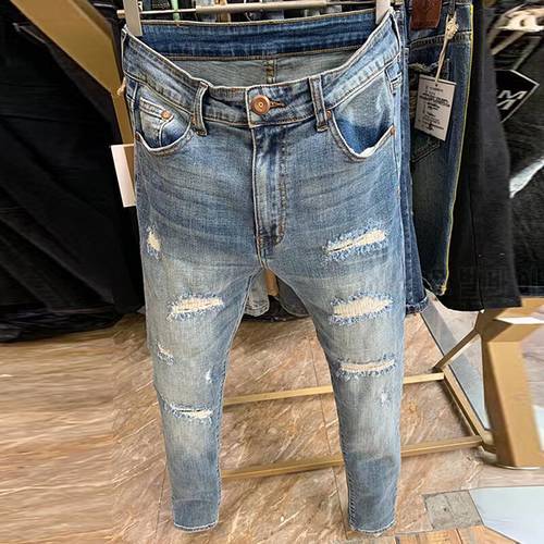 Hole Straight Leg Pant Fashion Brand Men Jean Stretch Retro Skinny Denim Jean Men Ripped Wash Hole Stacked Jeans Motorcycle Pant