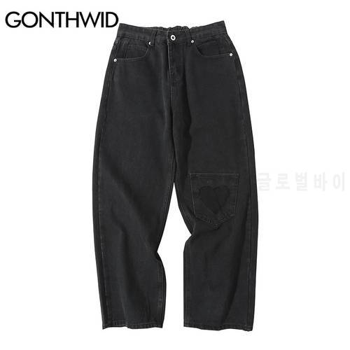 Hip Hop Baggy Denim Pants Streetwear Heart Patchwork Black Jeans Mens 2022 Harajuku Casual Loose Elastic Waist Trousers