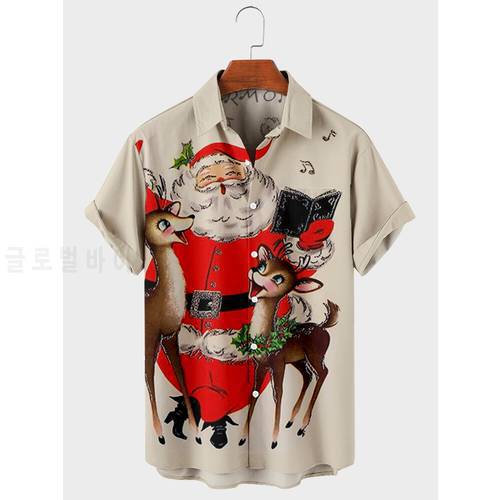 2021 New Cross Christmas Deer Elements 3D Digital Printing Trend Loose Short Sleeve Shirt Men&39s Top