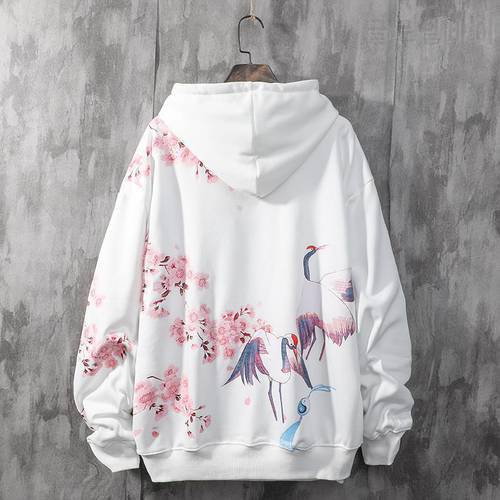 Chinese Style Couple Hooded Men&39s Autumn Thin Style Loose National Trend Cherry Blossom Pink Crane Casual Hooded Men