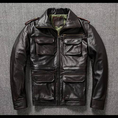 Free shipping.Winter Classic Quality Father&39s genuine leather jacket.outdoor hunting cowhide coat.Plus size M65 leather cloth.
