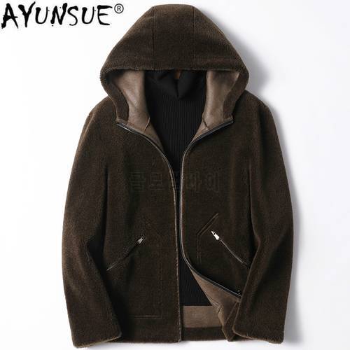 AYUNSUE Real Fur Coat Men Clothes 2020 100% Wool Mens Jacket Winter Sheep Shearling Hooded Plus Size Coats Men YFN9105 KJ4959