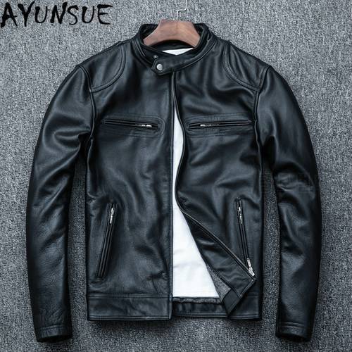 AYUNSUE Real Leather Jacket Men Cow Jacket Spring Leather Jacket for Men Motorcycle Coat 2022 Chaqueta Cuero Hombre Pph473