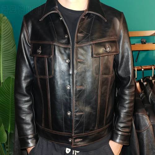 Free shipping.2021 brand new cheap horsehide leather jacket.Men vintage slim genuine leather coat.Short fashion leather cloth