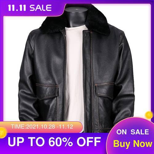 2022 Black Military Style G1 Pilot Leather Jacket Europe Size XXL Genuine Natural Cowhide Winter Thick Warm Loose Aviation Coat