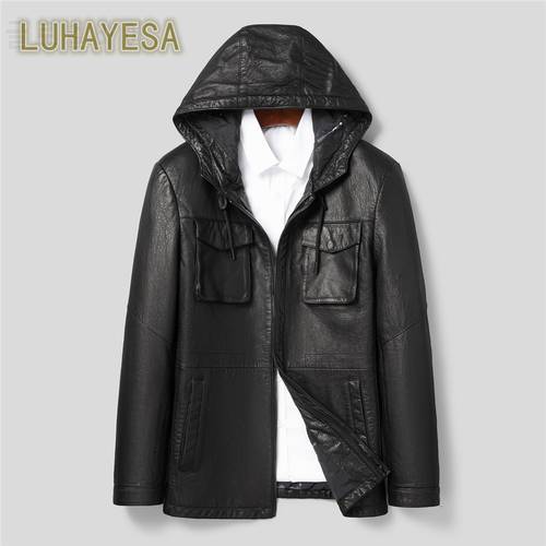 LUHAYESA Hooded Genuine Oil Wax Leather Jacket Male Daily Black Real Natural Genuine Sheepskin Leather Outerwear