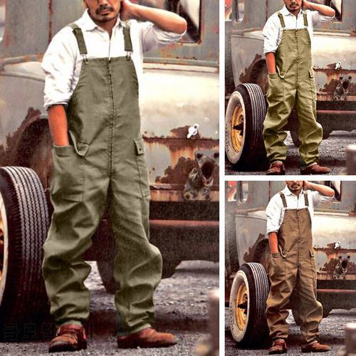 American Retro Men&39s Overalls 2021 Summer New Solid Color Work Pants Loose Large Size Casual Overalls Vintage Mens Jumpsuit