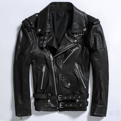Oblique Zipper Leather Jacket Men Slim Fit Genuine Sheepskin Jacket Motorcycle Biker Coat Racer Jackets мужская куртка кожаная