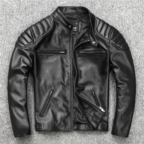 New Sheepskin Leather Jacket Men Motorcycle Biker Spring Natural Genuine Calfskin Leather Jackets Vintage Slim Short Male Coat