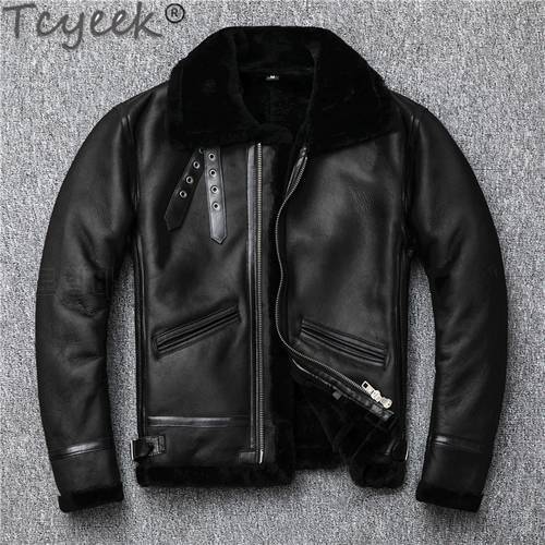 Tcyeek Men&39s Jackets Man Natural Fur Coat Men Motorcycle Sheep Shearling Wool Liner Coat Male Plus Size Real Leather Jacket 2064