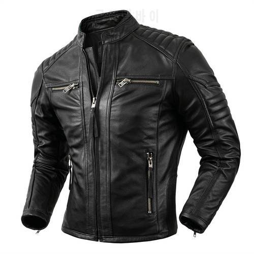 2021 New Motorcycle Causal Vintage Leather Coat Men Autumn Outfit Fashion Biker Pocket Design Top Layer Cow Leather Jacket