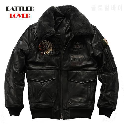 Embroidery Indian Skull Air Flight Pilot Sheepskin Jacket For Men Casual Wool Collar Real Leather Coats Male Winter Overcoat 4XL