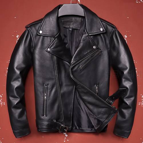2022 Men&39s Oblique Zipper Sheepskin Jacket Classic Motorcycle Black Genuine Leather Slim Fit Short Biker Male Coats For Autumn