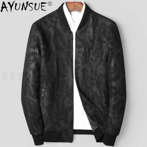 AYUNSUE Autumn Real Sheepskin Leather Jacket Men Genuine Leather Coat Male Short Black Printed Jackets Casual Jaqueta Masculina