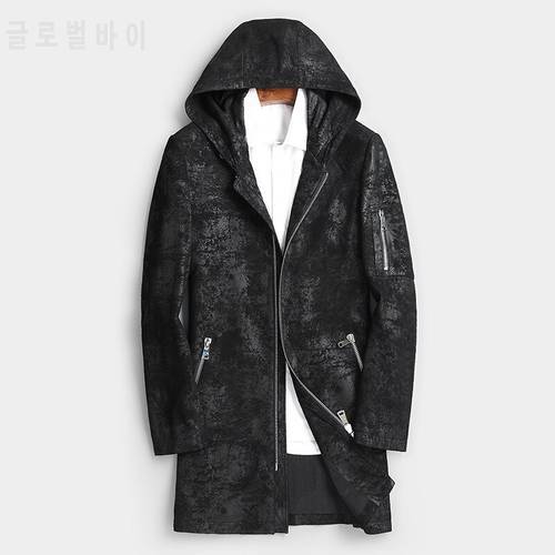 2022 winter new autumn and winter Haining men&39s leather coat fur goatskin printed hooded casual long warm jacket men&39s clothing