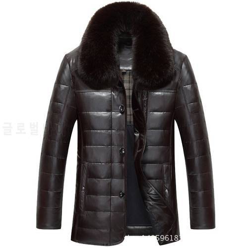 Winter 2021 men&39s Lapel thickened fox fur collar middle aged and old Dad down jacket leather coat