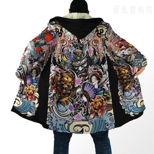 Winter Fashion Mens cloak Samurai Geisha and Lion Tattoo 3D Printing Thick Fleece Hood cloak Unisex Casual Warm Cape coat DP07