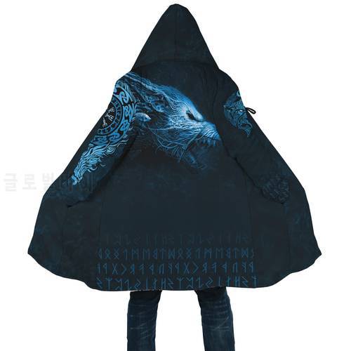 2021 Winter Mens Cloak Viking Fenrir Wolf Tattoo 3D Full Printing Fleece Hooded cloak Unisex Casual Thick Warm cloak coat PF25