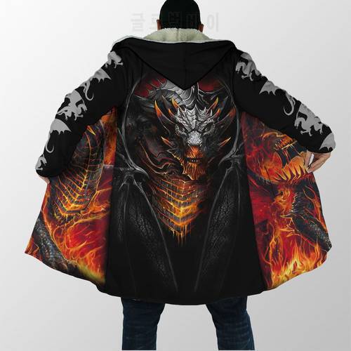 2021 Winter Mens Cloak Lava Dragon and skull Tattoo 3D full Printing Fleece Hooded Coat Unisex Casual Thick Warm Cape coat PF44