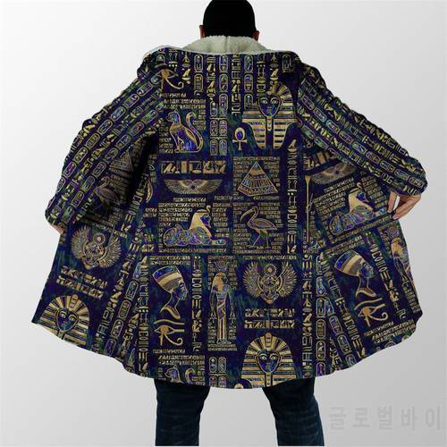2021 Winter Mens Cloak Egyptian Hieroglyphs And Deities 3D Printing Fleece Hooded Coat Unisex Casual Thick Warm Cape coat PF40