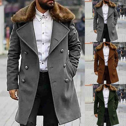 Autumn And Winter Men&39s Fashion Solid Colors Long Sleeve Double-breasted Loose Warm Faux Fur Lapel Jacket Trench Coat Outwearg3