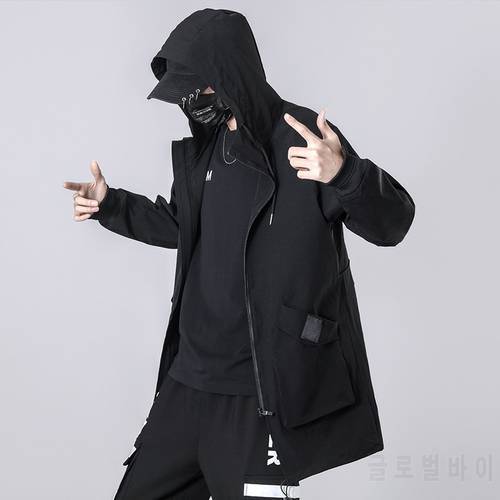 Spring Autumn Long Trench Coat Men 2021 New Fashion Techwear Black Hooded Windbreaker Overcoat Jackets Plus Size 6XL 7XL 8XL