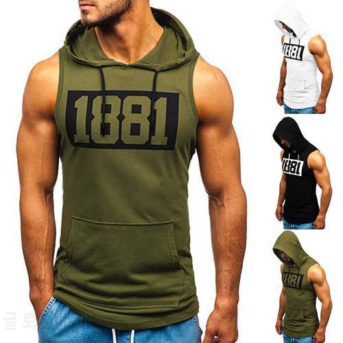 Fashion Sexy Bodybuilding Sports Tank Top Men Muscle 1881 Print Sleeveless Hooded Pocket Tight-drying Tops Handsome Male Vest