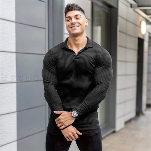 Spring Autumn Fashion Men Long Sleeve Knitted Polo Shirt Fitness Clothing Slim Fit Strips Polo T-shirt Male Brand Gym Tees Tops