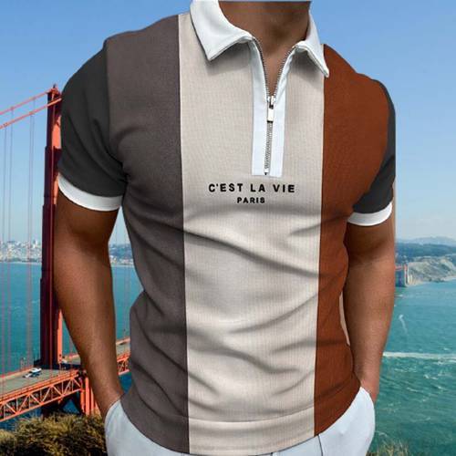 Spring Autumn Brown Patchwork Mens Polo Shirt Zipper Lapel Design Casual Polos Male Tees Fashion Short Sleeve T-shirt Top