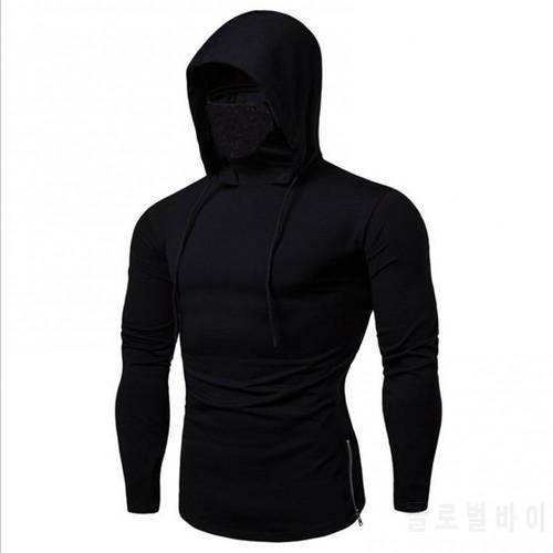 Men Autumn Casual Gym Thin Long Sleeve Hoodie Face Cover Solid Color Sweatshirt