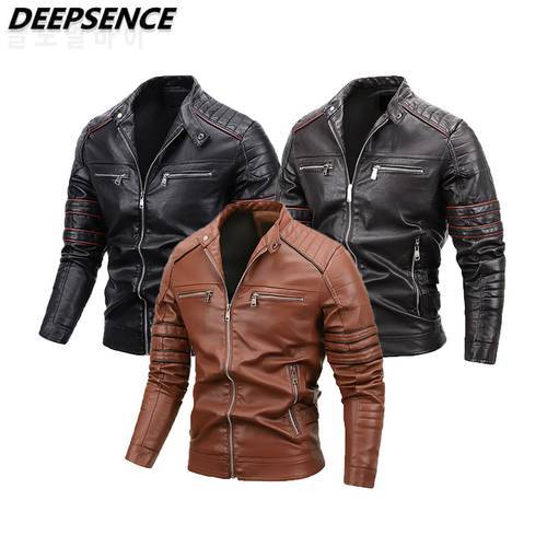 Men Motorcycle Leather jacket 2021 New Autumn Winter Biker Jacket Men Bomber Stripe Fleece Coat Fashion Pu Overcoat Jacket Men