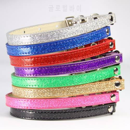 (12 pieces / lot ) Colorful Glitter PU Leather material Small Big Fat Cat Necklace with Bells and Elastic cat collar S M L