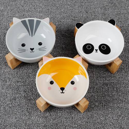 Environmental Ceramic Cat Bowl with Raised Wooden Stand Elevated Pet Bowls for More Comfortable Eating for Cat Dog Kitten Puppy