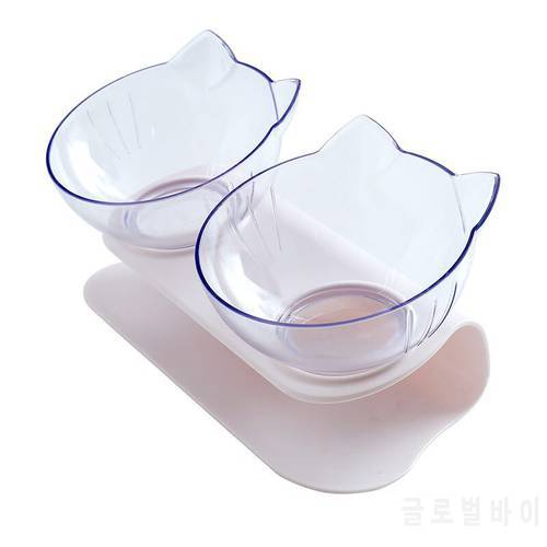 Cat Dog Bowl Non-slip Double Bowl Style Protection Cervical Vertebra Pet Food/Water Bowl Cat Ears Transparent Design