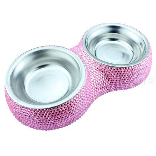 Bling Bling Crystal Rhinestones Metal Stainless Steel Double Diner Pet Cat Small Dog Bowl