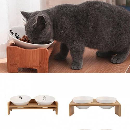 Pets Double Bowl Dog Cat Food Water Feeder Stand Raised Ceramic Dish Bowl Wooden Table Pet Supplies